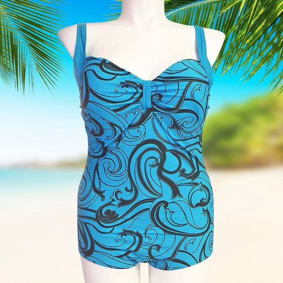 1pc Aqua Blue Swimwear Womens Size 10 Fashion Paisley Print One Piece Swimsuit - Picture 1 of 9